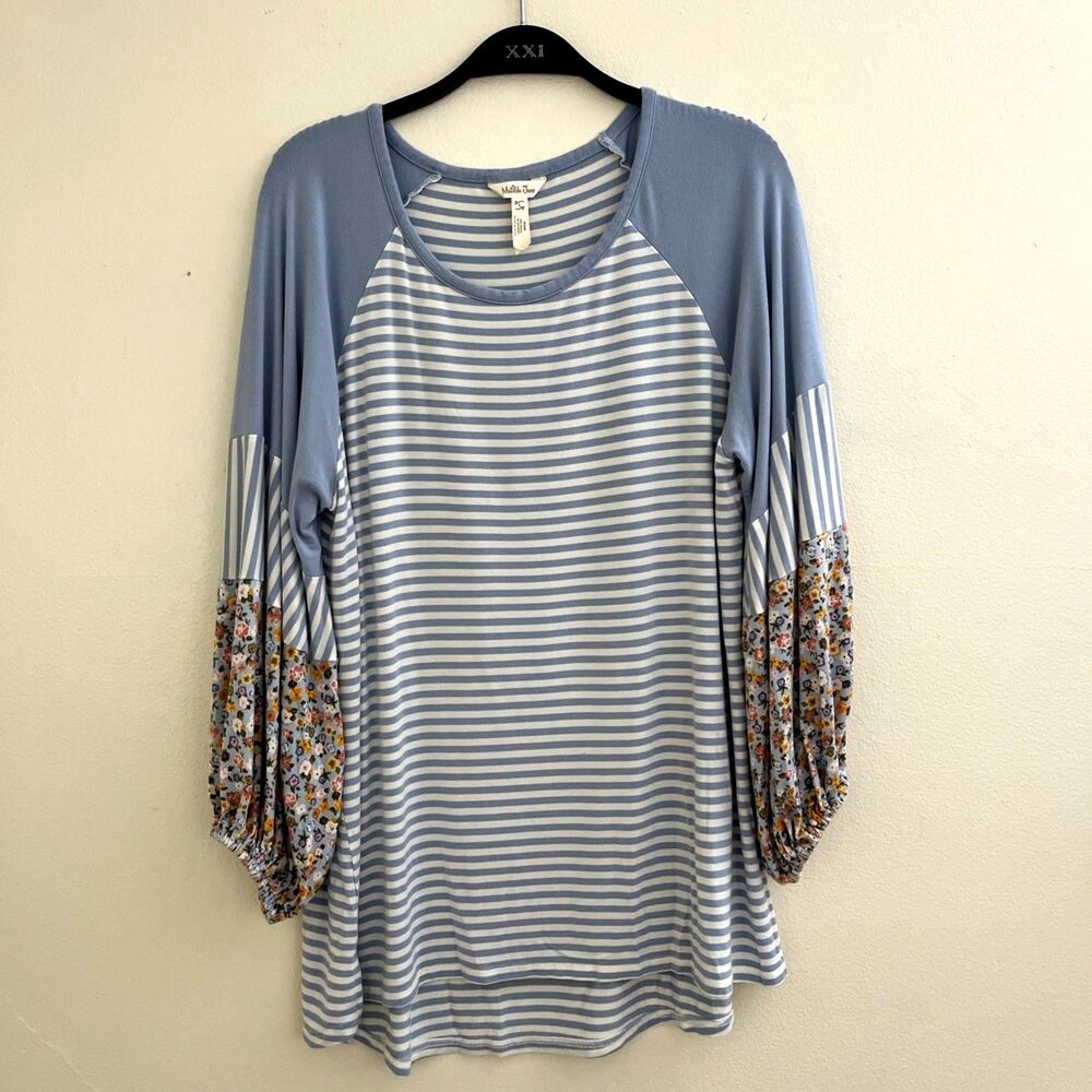 Matilda Jane Heart to Heart Modal Cottage Blue Floral Relaxed Sleeve Top- Large